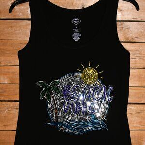Girls Trip Beach Vibes rhinestone  black sleeveless tank sz XS S M L XL XXL 1X…